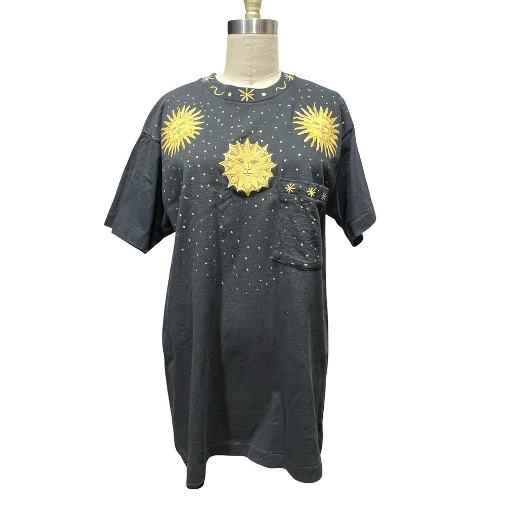 Vtg 90s Celestial Stars Sun Custom Decorated Puff Paint T Shirt Single Stitch L